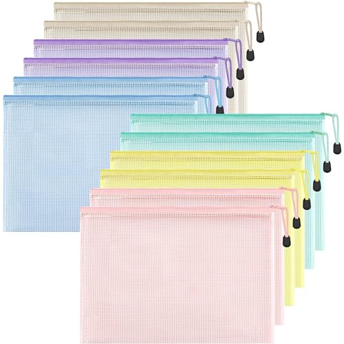 HEETA Zip Folders A4,12Pack Sturdy Plastic Zip Wallets Waterproof Mesh Bags with Secure Zippers for Office School Home Travel Storage, 6 Macaron Colors