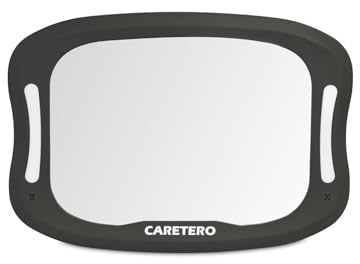 CARETERO - Baby Beobachtungsspiegel - Auto Spiegel für Baby - Deutlich Sichtbar - Bruchsicher - LED Wachspiegel - Passt auf meisten Auto-Kopfstützen - Spiegel mit Fischaugeneffekt - 29x20x7,5cm