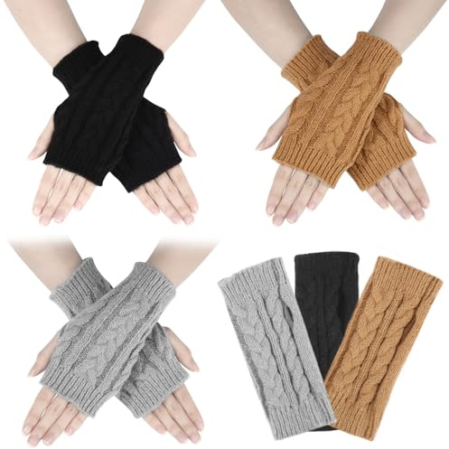 Toaren 3 Pares Guantes sin Dedos de Medio Dedo para Mujer, Invierno Mitones de Punto Cálidos, Calentadores de Brazos Unisex
