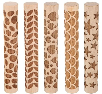 sourcing map 5pcs Wood Clay Roller 4 Star Pattern Rolling Pins Wood Rollers Pottery Tools Wood Grain Texture Rollers for Clay Baking Dough Playdough DIY