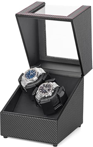 LLS Double Watch Winders for Automatic Watches, Automatic Watch Winder Box in Black Carbon Fiber, with Japanese Quiet Motor, Flexible PU Watch Pillows, for Women's& Men's Watches