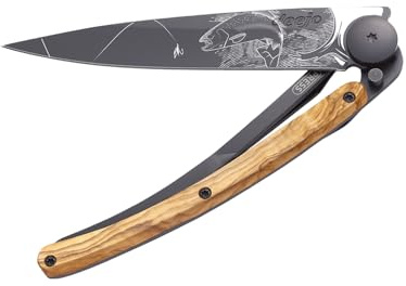 deejo - Couteau de Poche Pliant 27g - Manche en Bois d’Olivier, Lame en Acier Inoxydable Z40C13 - Motif Truite - Couteau de Table, Randonnée, Camping, Bivouac