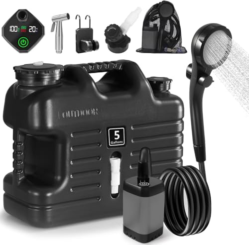 Portable Camping Shower with 5 Gallon Water Jug, 6000mAh Rechargeable Outdoor Camping Shower Kit, IPX7 Waterproof Pump BPA Free Water Containers Camp Essentials Black
