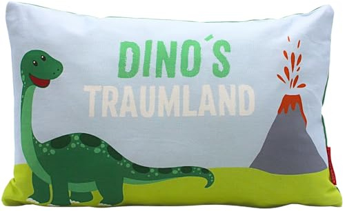 Kinder-Kuschel Kissen Dinosaurierkissen Kinderkissen Zierkissen Dekokissen mit Dinosaurier/Aufschrift - Dino´s Traumland- L/B/H ca. 40 x 13 x 23 cm.