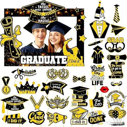30PCS Graduation Party Decorations, Class of 2026 Photo Booth Props with Congrats Grad Caps, Glasses, Star/Award Styles On Sticks for Graduation Party Supplies