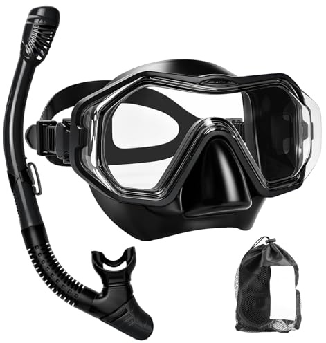 Heasin Gafas de Buceo Adulto, Gafas Snorkel, Panorámico de 180°Vidrio Templado, Gafas de Natación Antiniebla y a Prueba de Fugas, Equipo de Buceo para Nadar, esnórquel, Unisex (Negro)