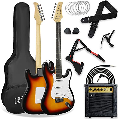 3rd Avenue XF Full Size 4/4 Electric Guitar Ultimate Kit with 10W Amp, Cable, Stand, Gig Bag, Strap, Spare Strings, Picks, Capo – Sunburst