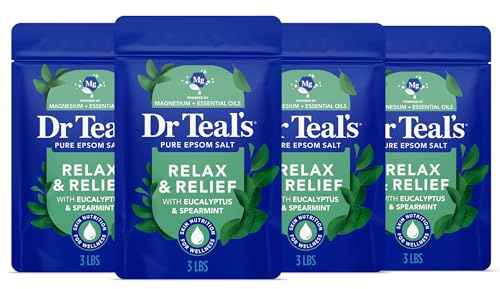 Dr Teal's Pure Epsom Salt, Relax & Relief with Eucalyptus and Spearmint, 3 lb (Pack of 4)