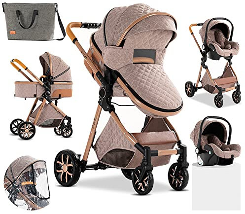Prokoke Kinderwagen 3 in 1, Buggy mit Umkehrbarem Zwei-Wege-Schub, Kinderwagen Rahmen Aluminiumlegierung, Kombikinderwagen 3 in 1 Einem Klick Faltbar Baby Kleinkind Neugeborene (225 Khaki)