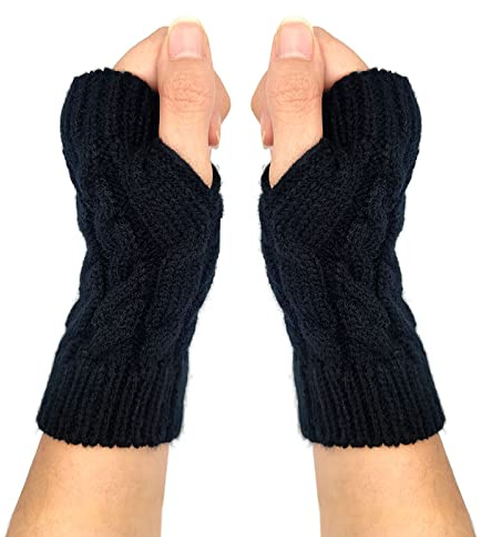 Qiuyan Fashion Warm Soft Comfortable Wrist Gloves Winter Fingerless Hand Warmers Women Girls Stylish Arm Gloves Mitten Knit Crochet Arm Warmers with Thumb Hole for Work Outdoor Gifts (Black)