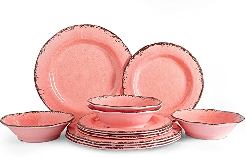 LEHAHA Melamine Dinnerware Sets, Farmhouse Dinnerware Set, Camping Dishes Set, BPA free and Lightweight, Durable Outdoor Plates and Bowls Set, Service for 4 (12 piece), (Pink)
