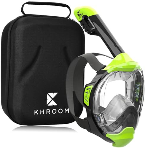 Khroom Schnorchelmaske Erwachsene & Kinder ab 3 Jahre | CO2 sicher | Vollgesichtsmaske mit Easy-Breath System | Schnorchelset Alternative | Seaview Y Tauchmaske Erwachsene / Kinder L/XL Neon-Grün+Cas
