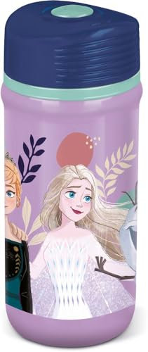 STOR Disney Elsa Anna Olaf Kunststoffflasche für Kinder, 390 ml, lila und lila, mit Tropfschutz