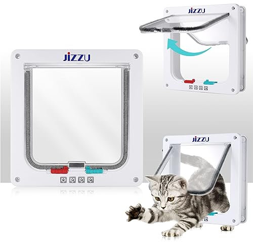 JIZZU Katzenklappe, katzentür Aussentür mit 4 Wege Schloss, 25x23.5x5.3cm wetterfest einfache Installation Cat Klappe, Haustiertür Aussentür Große Katzentür, Weiß L