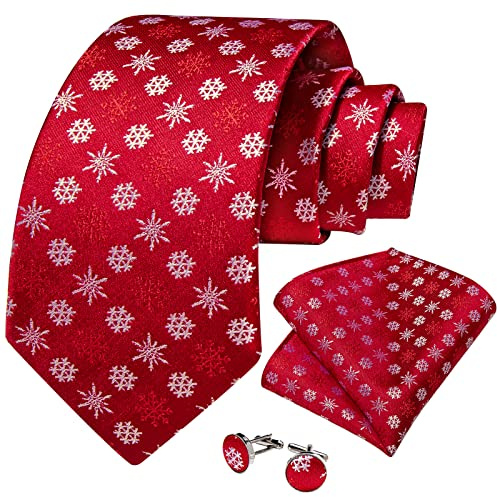 DiBanGu Cravates de Noël pour homme en soie et carré de poche avec boutons de manchette pour fête à thème, festival, Noël, Motif flocons de neige - Rouge, taille unique