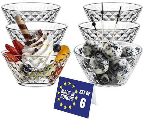 NORDIC SCHILLER Modern Dessertschalen Glas Set 6, 330ml 100% BLEI FREI Glas Schüsseln, Stapelbare Glasschalen, Puddingschalen, Dessert Schalen, Salatschüssel, Soßenschalen, Dessert Bowls