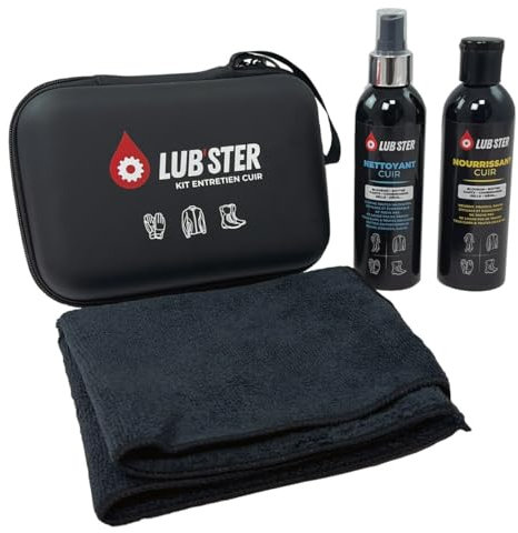 LUB'STER KIT Entretien Cuir Moto Nettoie, nourrit et protège équipement Moto Cuir et sièges • Ne tâche Pas • Ne Laisse Pas de Traces • Elimine Graisse, saletés et Sueur • Protège et ravive Le Cuir