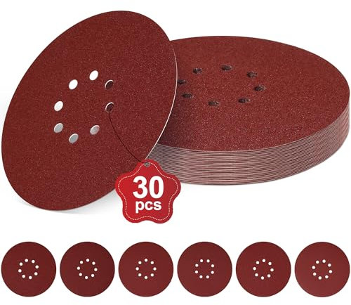 30 Piezas Papel de lija de 225 mm, 8 Agujeros Papel de Lija Redondas para Lijadora de Cuello Largo Lijadora de Paredes y Techos (grano 40)