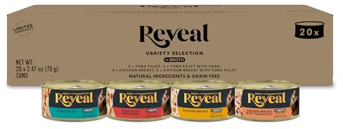 Reveal Natural Wet Canned Cat Food, 4-Flavor Variety Pack, Limited Ingredient, Grain Free, High Protein with No Artificial Additives, Fish and Chicken Variety in Broth (20 x 2.47 oz Cans)