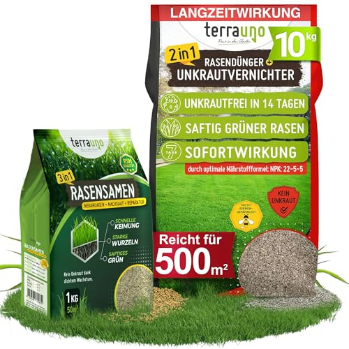 TerraUno Rasendünger mit Unkrautvernichter extra stark, 100 Tage Langzeitwirkung, 10 kg für 500 m², gegen Löwenzahn, Klee uvm., Rasenunkrautvernichter mit Dünger für saftiges Grün im Frühjahr & Sommer