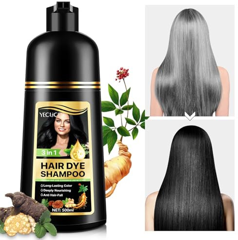 Hair Dye Shampoo para el cabello gris, 3 en 1, Haarfärbe-Shampoo vegetal, Look natural en pocos minutos (01-Black 500ml)