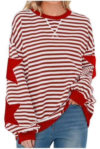 Free People Oversized Sweatshirt for Women Striped Star Pullover Tops Drop Shoulder Long Sleeve Sweatshirts Y2k Tops Loose Fit Casual Blouses Pullovers Baggy Lightweight Tops Spring Fall Blouse