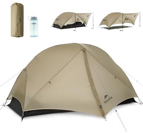 Naturehike Mongar UL-Zelt [2025 Upgrade] 1,5 kg, ultraleichte Zelte, 1/2 Personen, Rucksackzelt, 4 Verwendungsmodi, wasserdicht, Wanderzelte für Camping mit Veranda (Khaki-15D, 2 Personen)