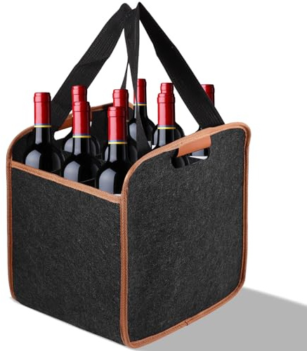 Houkiper Portabotellas con 9 botellas, plegable de fieltro, 6 compartimentos, bolsa de fieltro reutilizable con asa, cesta para botellas de cerveza, botella de vino, bolsa de bebidas