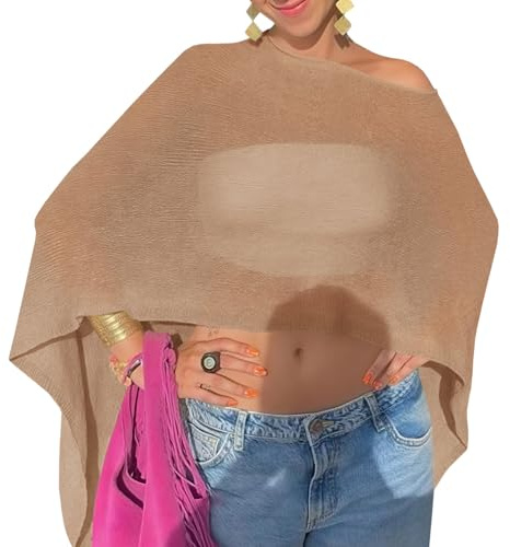 Fisoew Womens Sheer Poncho Top Lightweight Knit Bolero Shrug Mesh Off The Shoulder Y2K Going Out Beach Swimsuit Coverup Khaki