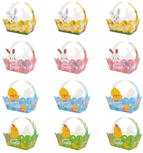 Mritrit 12 Manualidades de Pascua, Cestas de Pascua Pequeñas de Papel con Asa para Rellenar y Manualidades para Huevos y Conejos (4 Colores)