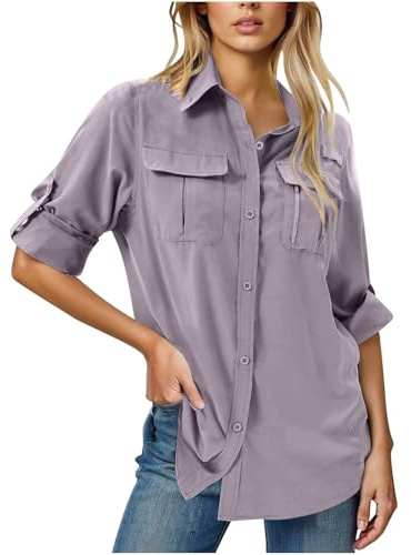 Womens UPF 50+ UV Sun Protection Shirts Long Sleeve Button Down Safari Shirts Outdoor Quick Dry Fishing Hiking Blouse Purple