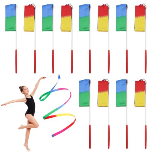 Lot de 12 bandes de gymnastique multicolores avec tige de 2 m | Bandes de gymnastique unisexes pour enfants, bandes de gymnastique, arc-en-ciel, pour danse, gymnastique rythmique