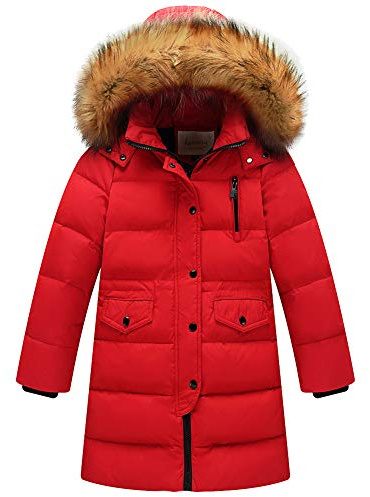amropi Bambini Ragazzi Inverno Piumino Imbottito Lungo Cappotto con Pelliccia Cappuccio (Rosso,7-8 Anni,130)