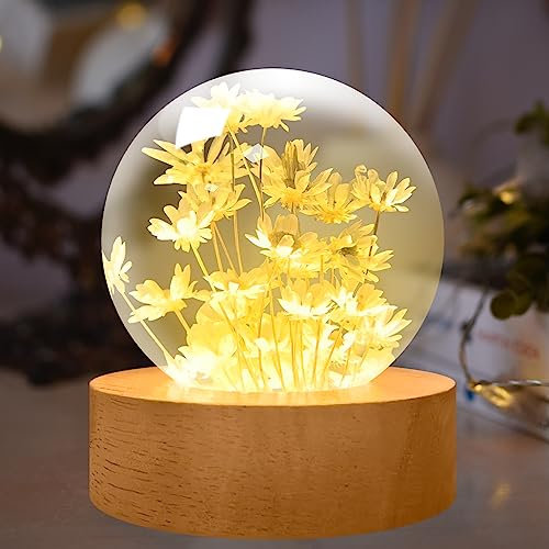 YATOSEEN Kristallkugel Lampe mit Immerwährender Blume, 6cm Stimmungsvolles Nachtlicht mit Holzsockel, Schreibtischdekoration Geschenk für Erwachsene oder Kinder