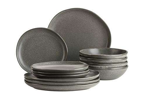 MÄSER 934008-serien Marlena, modernt vintage porslinsset för 4 personer, 12-delat tallriksset med ädel glänsande, grå glasyr med vita prickar, stengods, grå