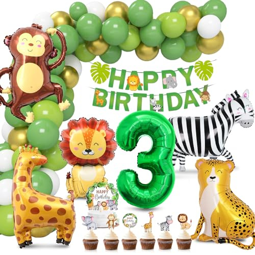 Djungel dekoration 3. Födelsedag, vild tre-ballong, folieballong, skogsdjur, ballonger, grön, tårtdekoration, djur, safari, födelsedagsdekoration för flickor pojke