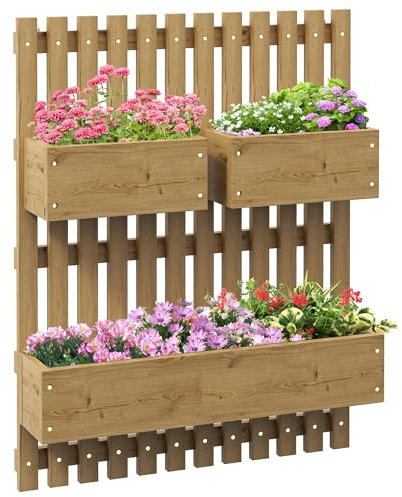 Outsunny Wall-mounted Wooden Garden Planters with Trellis, Drainage Holes and 3 Movable Planter Boxes, Wall Raised Garden Bed for Patio, Carbonised