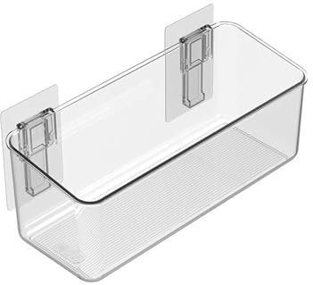 Amtido Bathroom Caddy Shelf - Self-Adhesive Shower Shelf, Wall-Mounted Plastic Storage Shelves for Bathroom and Kitchen Organisation - Clear PET Plastic (Medium - Low - 26.3cm x 10.2cm x 10.7cm)