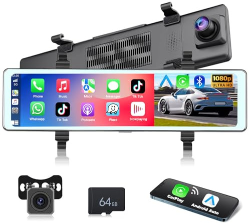 Podofo Wireless Apple Carplay Android Auto Spiegel Dashcam mit HD Rückfahrkamera, 11,26 Zoll IPS Touchscreen Dual 1080P Rückspiegel Dashcam Dash Cam Auto, 2 Geteilte Bildschirme, Bluetooth