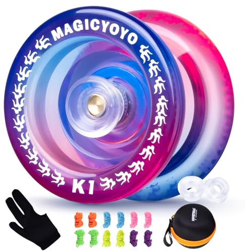 YOSTAR K1 Responsive Yoyo, Tug-Return Trick Yoyo for Kids & Beginners | Plastic Yo Yo Easy to Play, Yo-yo Toy for Boys & Girls, with 12 Strings, Glove, Case, 2 Hubstacks (Blue Pink)