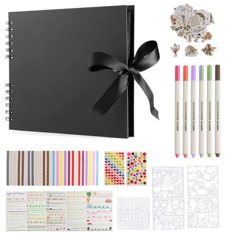 80 Pages Photo Albums Scrapbook, 29x21.5 cm DIY Scrapbook Album, Black Scrapbook Kit with Stickers and Marker Pens Memory Travel Scrapbook for Anniversary Wedding Valentines Day Graduation