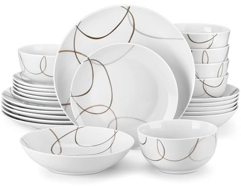 VEWEET, Série NIKITA, Service de Table en Porcelaine Rond 24 Pièces pour 6 Personnes, Service de Vaisselle avec 6 Assiettes Plates, 6 Assiettes à Desserts, 6 Bols à Céréales et 6 Bols à Pâtes