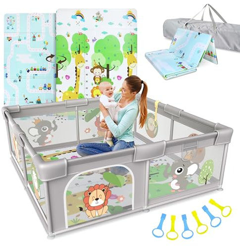 BELLEBEBE - Parque Infantil Bebe - 150x180cm - Corralito Bebe con Alfombra Acolchada Plegable + 50 Bolas + Canasta de Juego + Libro Bebe Sensorial de Tela y 6 Agarraderas - Diseño animales de la Selva