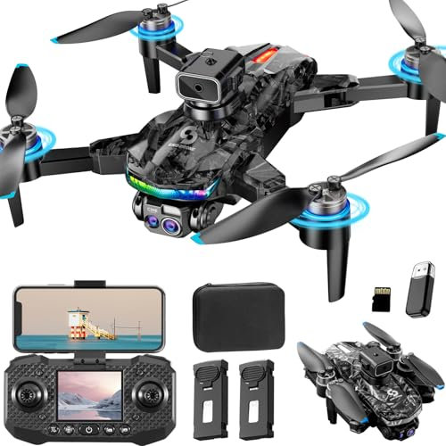 OBEST Drone avec caméra et écran de contrôle RC Grip, Drone à moteur sans balais avec lumières RGB, Quadcopter pliable à double caméra 1080P pour adultes et enfants