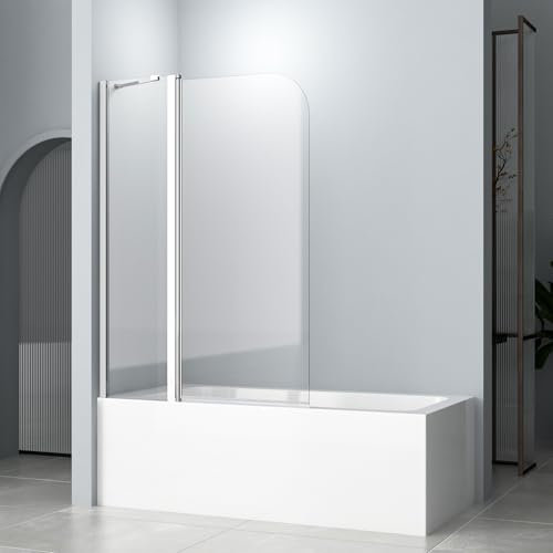 Duschwand für Badewanne 90x140cm 2-teilig mit Stabilisator Duschwand Badewannenaufsatz, 6mm ESG Glas Duschtrennwand NANO einfach-Reinigung Beschichtung