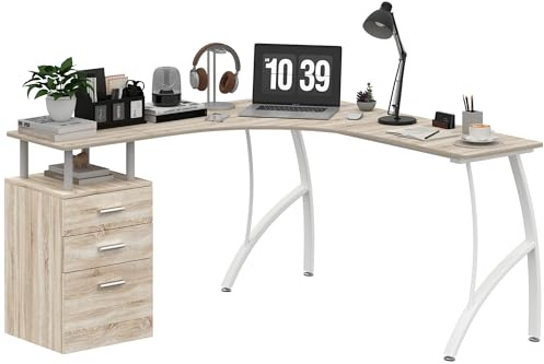 HOMCOM L-Shaped Computer Desk Table with Storage Drawer, Home Office Desk Corner Industrial Style Workstation for A4 Files 143.5 x 143.5 x 76cm, Oak
