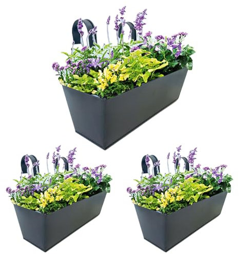 GjnjfdF Fiorina di ringhiera per piante da esterno, fioriera da ringhio balcone - Porta della scatola della finestra a monte a parete in metallo 3x con ganci staccabili - Parentesi di ganci per il