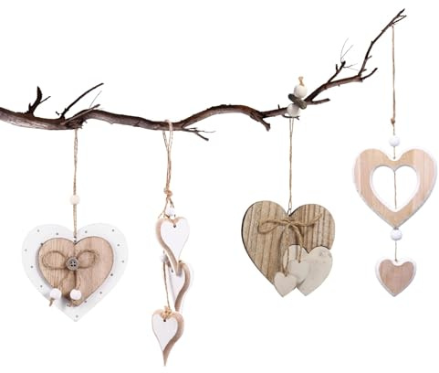 YFaith Set of 4 Heart Decorative Wooden Pendants, Window Hanging Wood Home Accessories