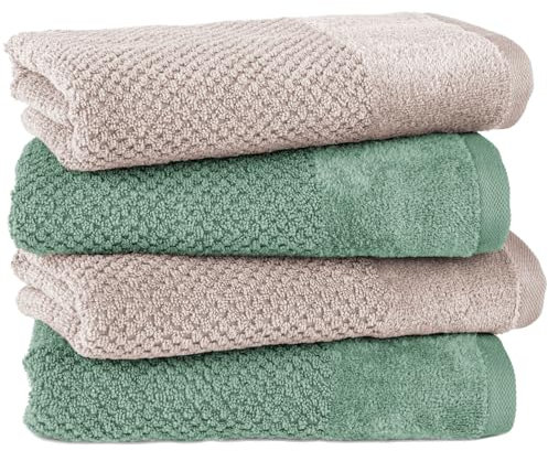 Pure Label 4-TLG. Handtücher Set mit Aufhängeschlaufen aus 100% Baumwolle, saugstark und weich - 4er Pack Handtücher 50x100 cm auf feinster aus feinster Baumwolle, Stein | Grün