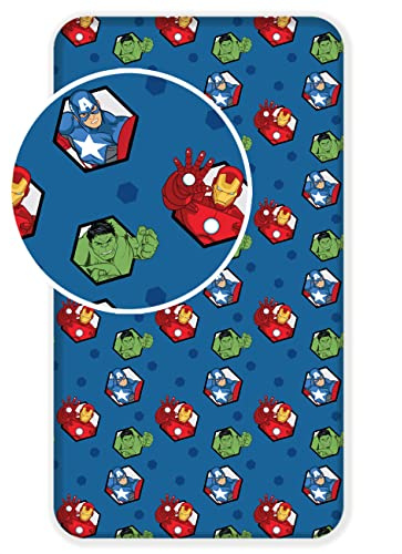 Marvel Avengers Fitted Sheet for Single Bed – 100% Cotton, Blue – Official Licensed Bedding with Iron Man, Hulk & Captain America – Kids Boys Superhero Sheet 90 x 200 + 25cm Deep Skirt